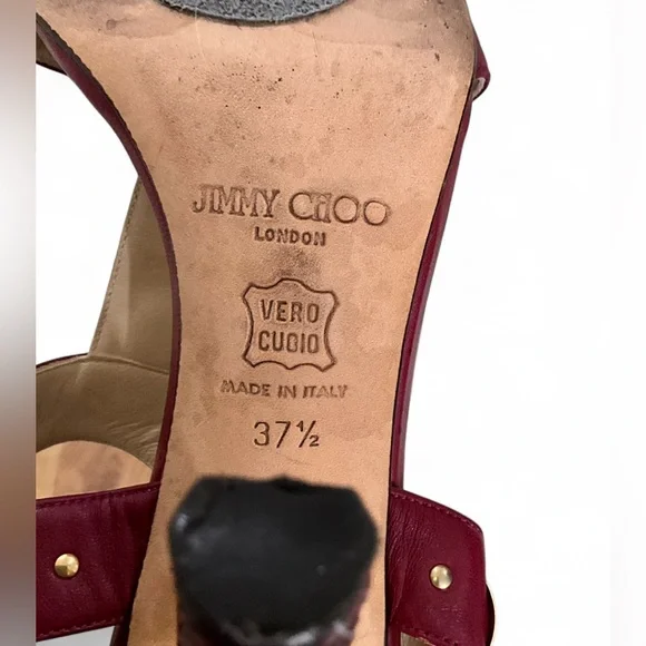 EUC JIMMY CHOO | SZ 37 1/2 | Napa Watersnake Burgundy Gold Heeled Sandals Shoes - Picture 8 of 9